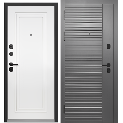 Дверь металлическая Тайга 9 см 2МДФ Cатин Графит/Эмалит Белый 960*2050 левая